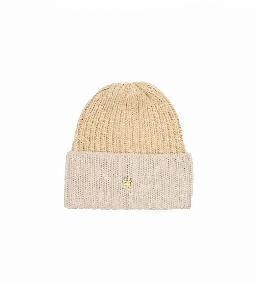 Mujer Tommy Hilfiger Gorras Y Gorros | Gorro Chic De Punto Elastico Con Monograma Beige