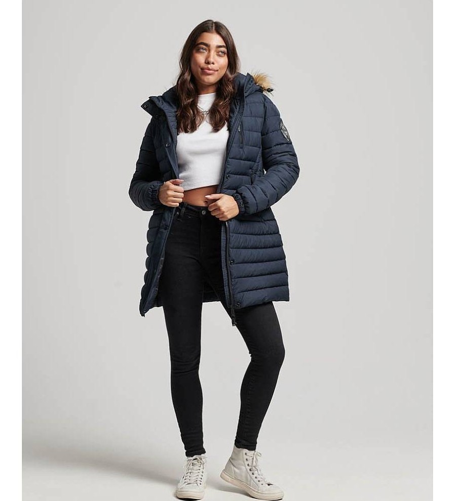 Mujer Superdry Chaquetas Y Abrigos | Abrigo Acolchado Con Capucha Fuji De Largo Medio Marino