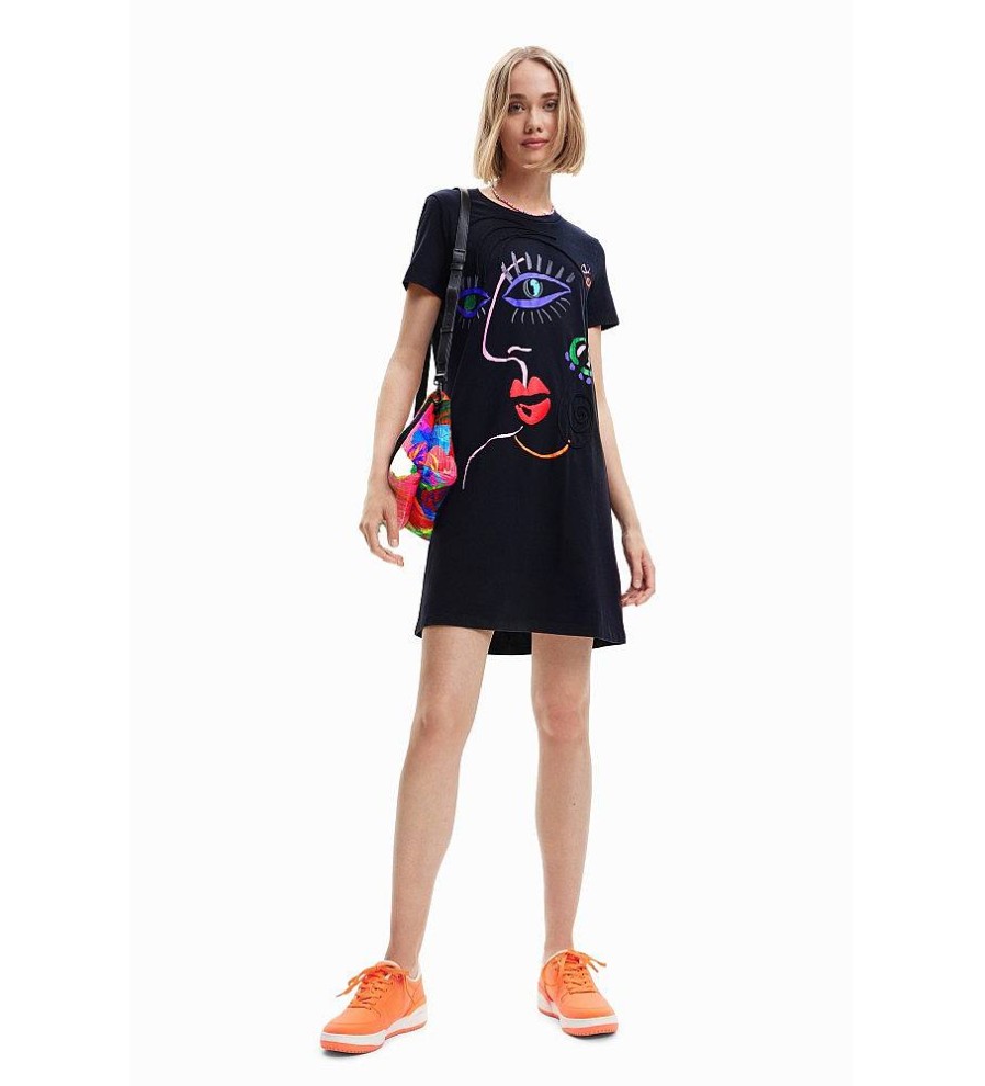 Mujer Desigual Vestidos | Vestido Camiseta Cara Arty Negro