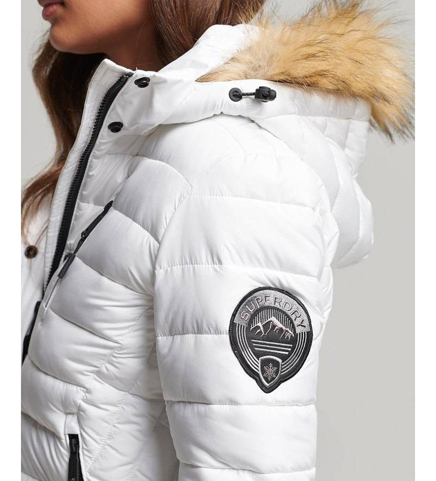 Mujer Superdry Chaquetas Y Abrigos | Abrigo Acolchado Con Capucha Fuji De Largo Medio Blanco