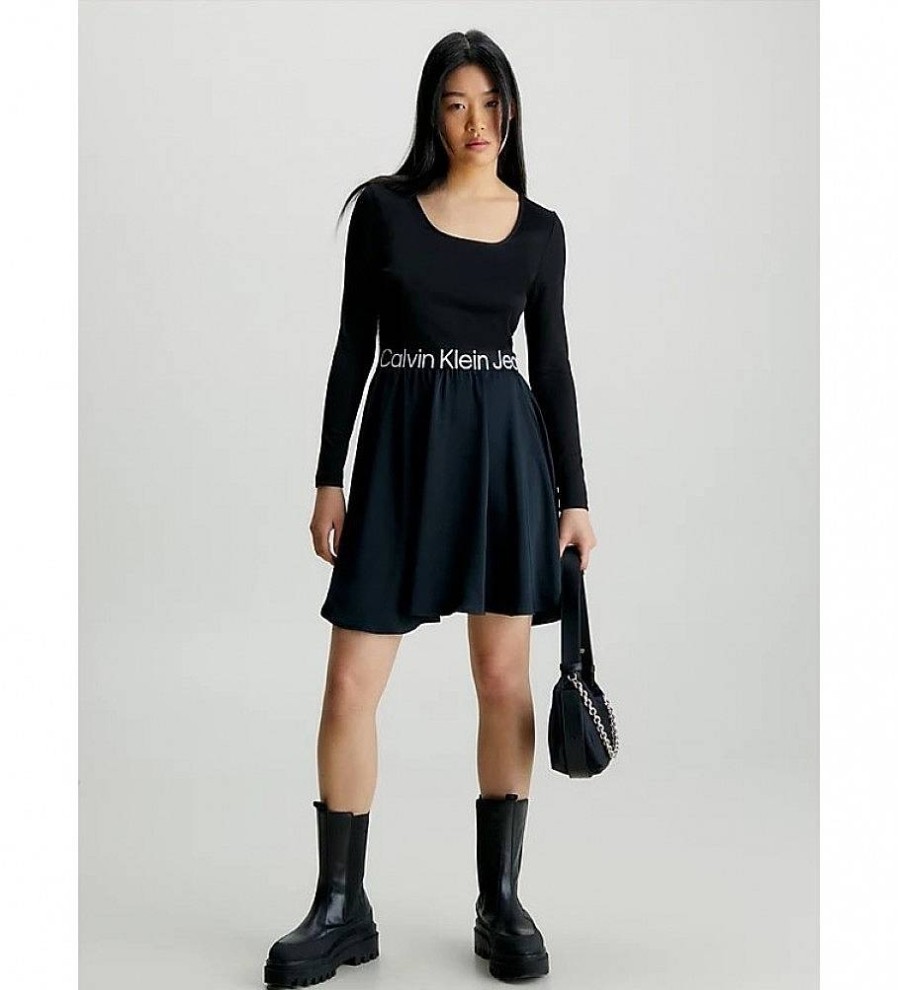 Mujer Calvin Klein Jeans Vestidos | Vestido Skater Con Logo Tape Negro