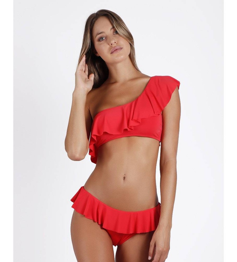 Mujer Admas Moda Bano | Bikini Asimetrico Volante Rojo