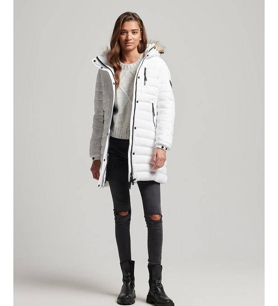 Mujer Superdry Chaquetas Y Abrigos | Abrigo Acolchado Con Capucha Fuji De Largo Medio Blanco