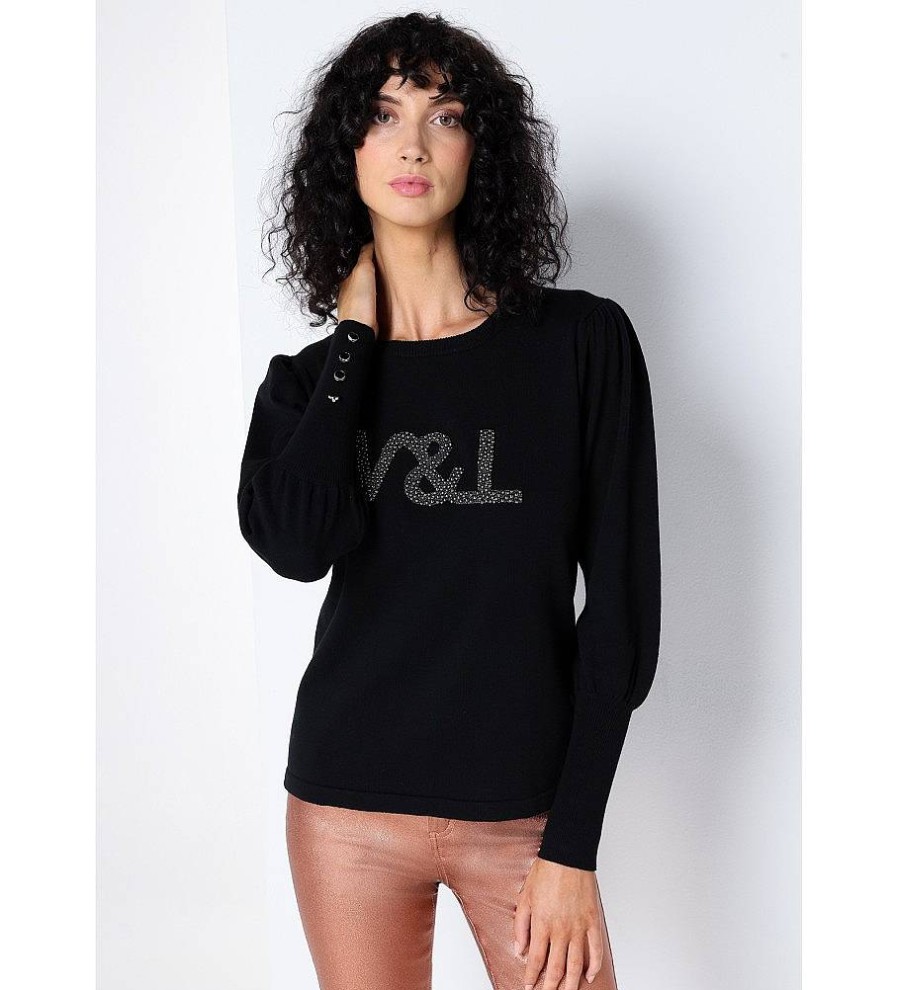 Mujer Victorio & Lucchino, V&L Sudaderas Y Jerseis | Jersey Perlas Cuello Caja Con Botones En Manga Negro