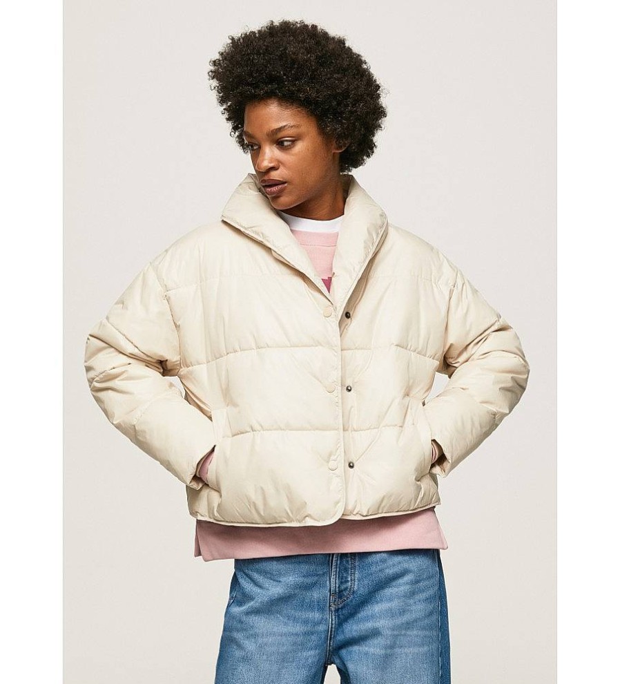 Mujer Pepe Jeans Chaquetas Y Abrigos | Plumifero Tejido Brillante Beige