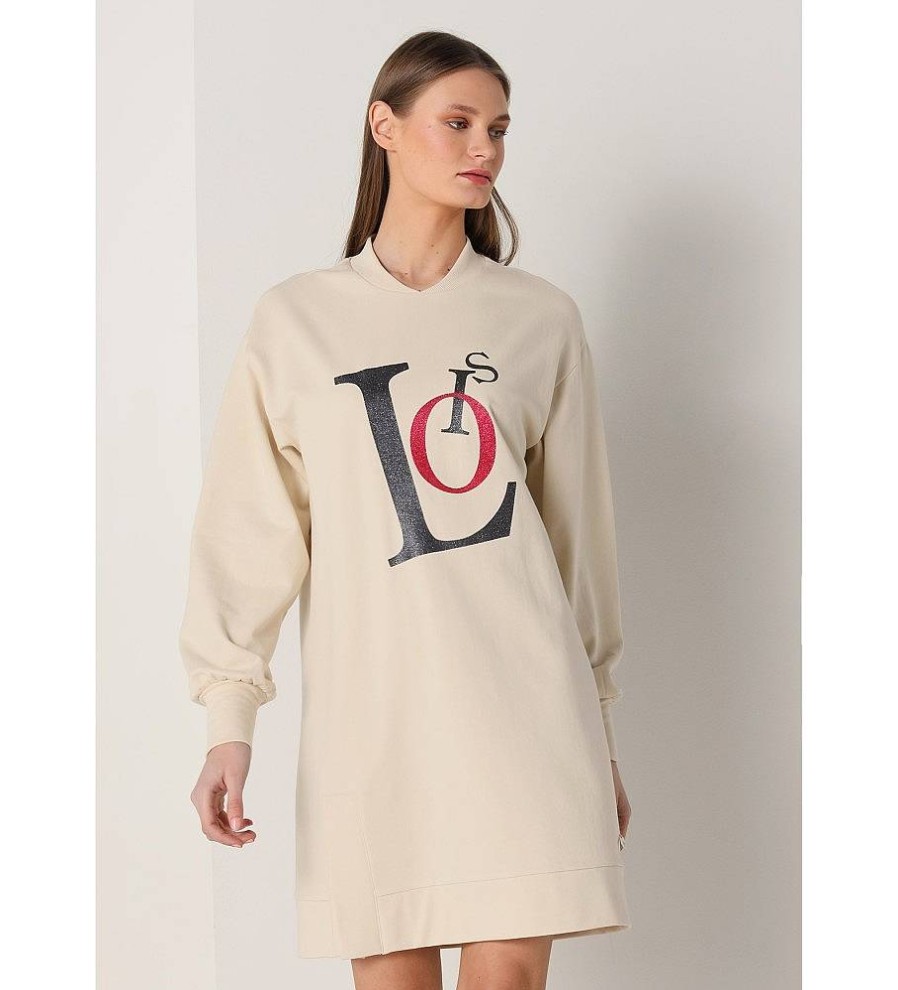 Mujer Lois Vestidos | Vestido Sudadera Con Apertura Lateral Beige