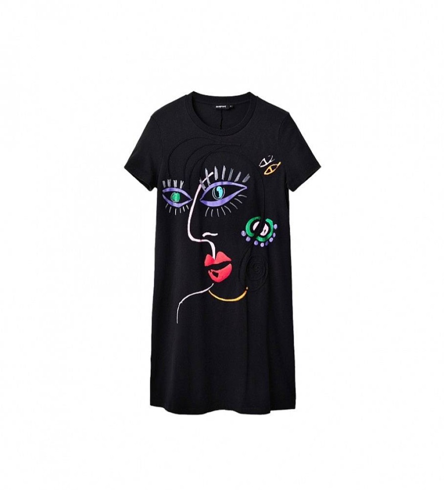 Mujer Desigual Vestidos | Vestido Camiseta Cara Arty Negro