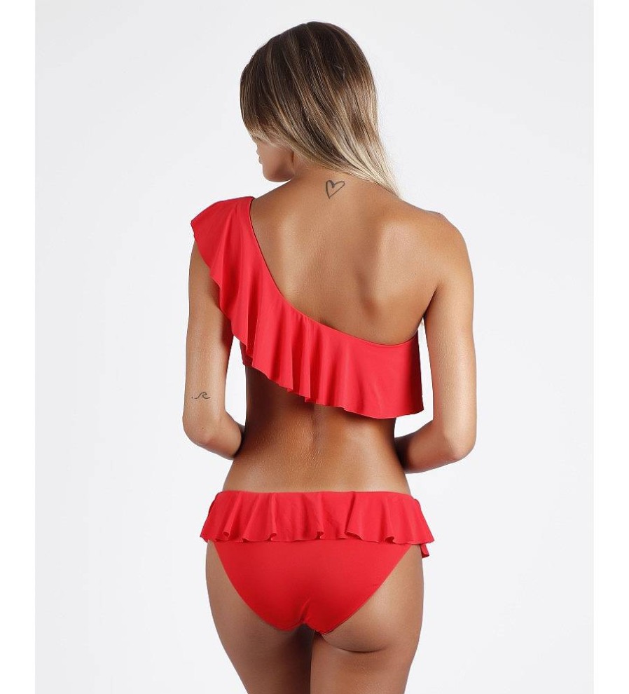 Mujer Admas Moda Bano | Bikini Asimetrico Volante Rojo