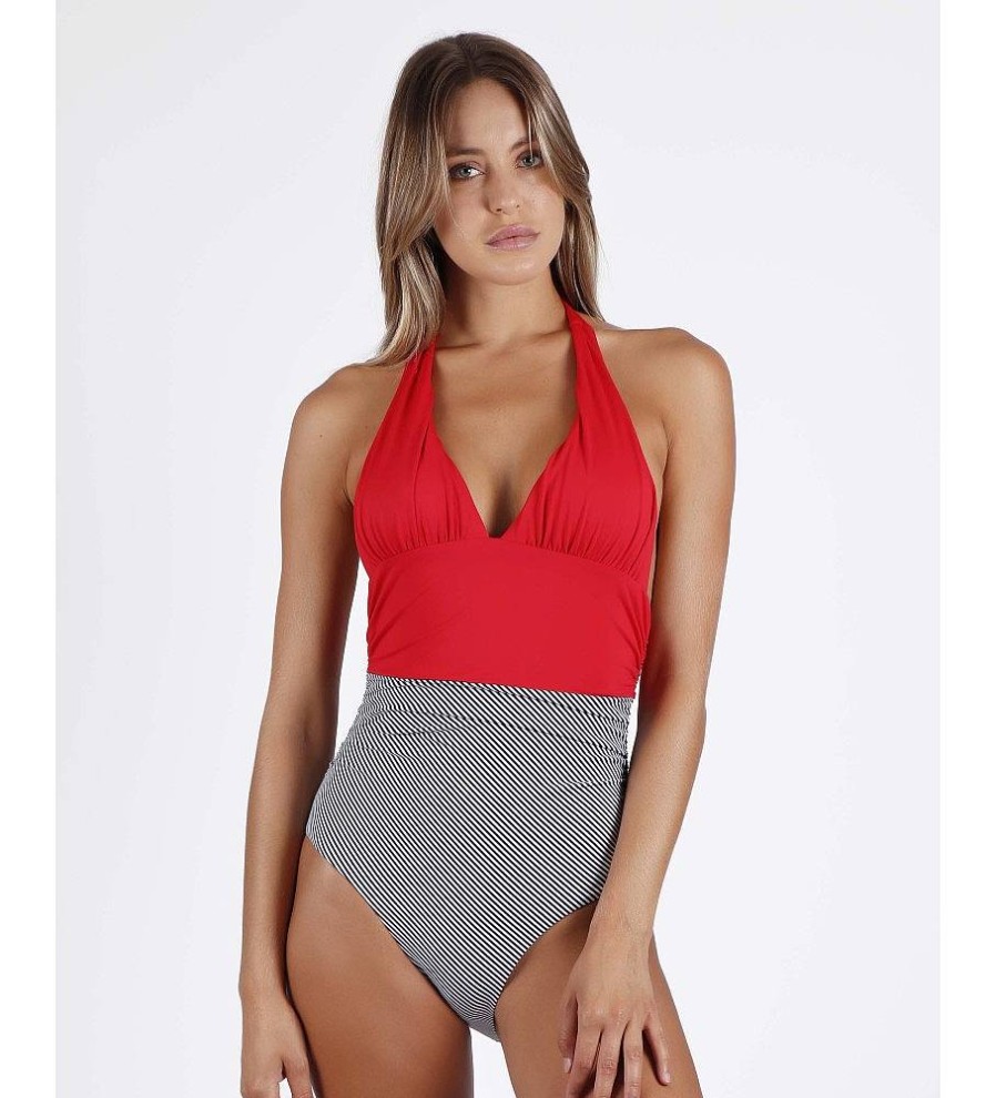 Mujer Admas Moda Bano | Banador Halter Soft Navy Rojo