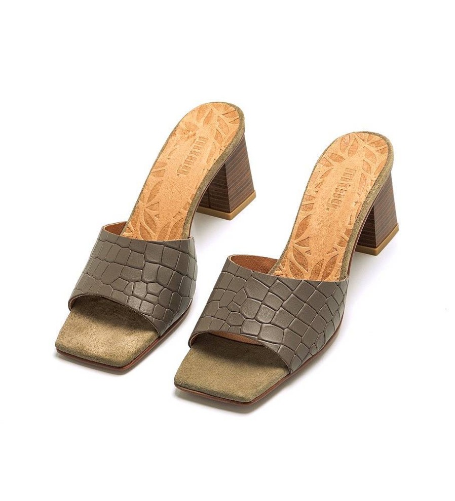 Mujer Mustang Sandalias | Sandalias De Piel Timber Verde -Altura Tacon 6Cm-