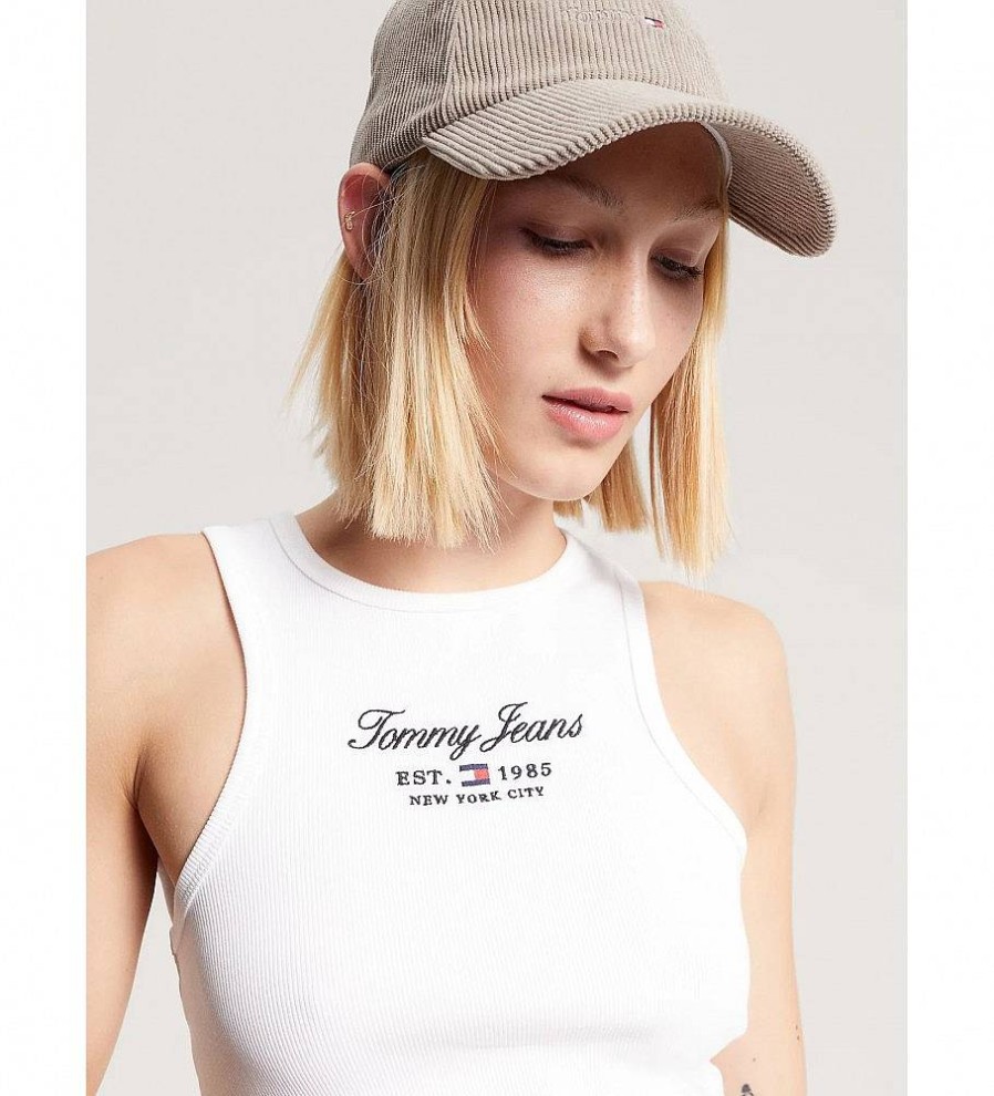 Mujer Tommy Jeans Camisetas | Camiseta Essential Sin Mangas De Corte Slim Blanco