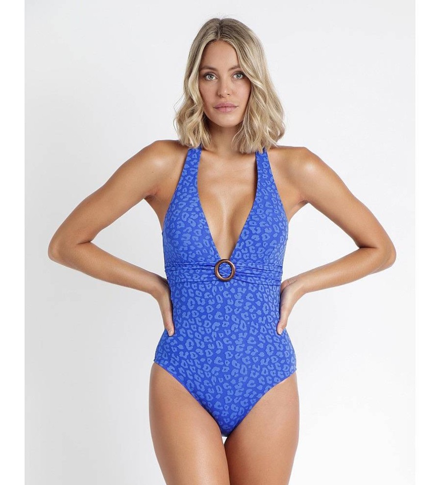 Mujer Admas Moda Bano | Banador Halter Leopard Azul