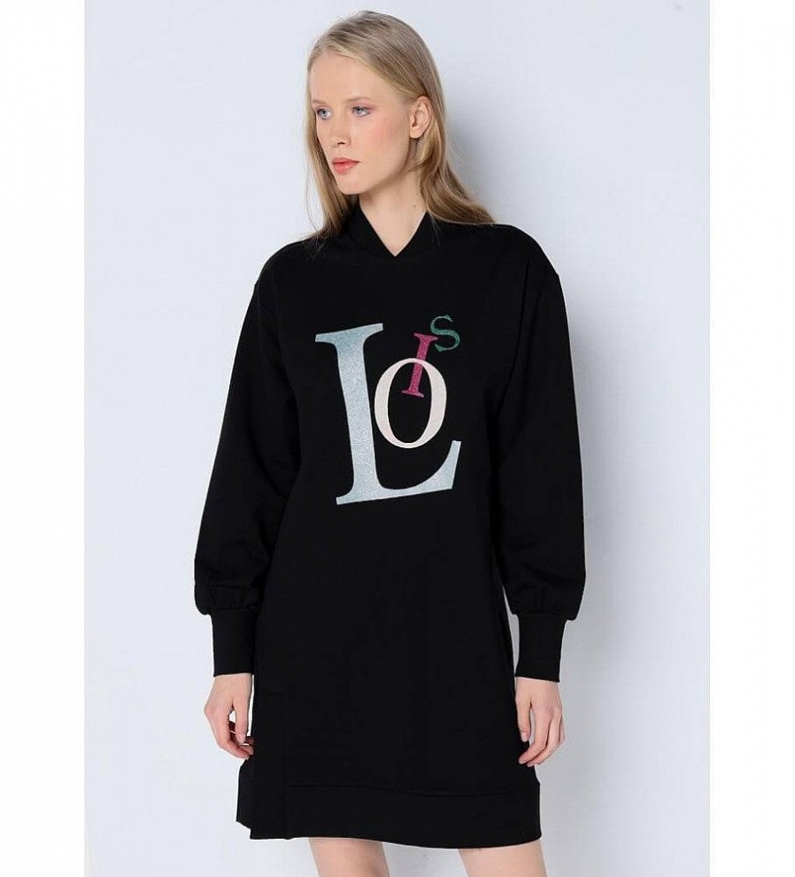 Mujer Lois Vestidos | Vestido Sudadera Con Apertura Lateral Negro