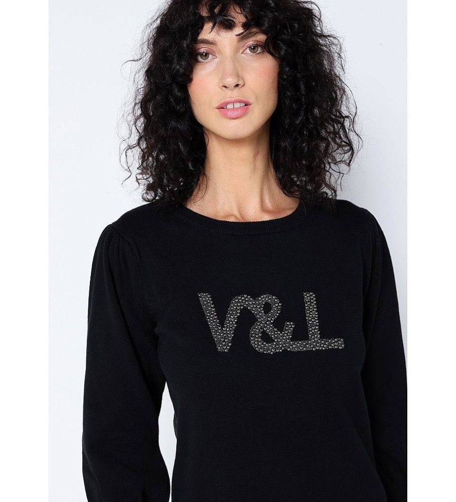 Mujer Victorio & Lucchino, V&L Sudaderas Y Jerseis | Jersey Perlas Cuello Caja Con Botones En Manga Negro