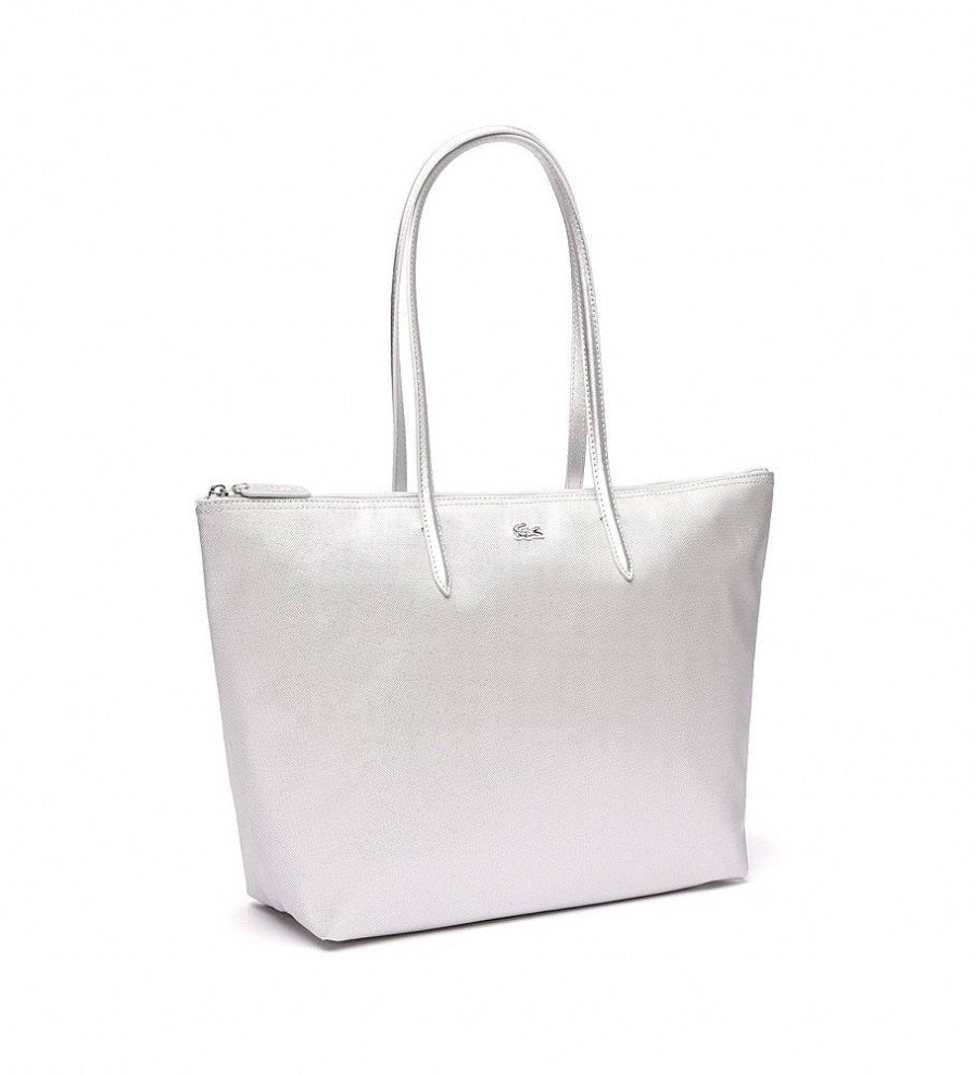 Mujer Lacoste Bolsos | Bolso Tote Lacoste L.12.12 Large Zipped Pique Plateado