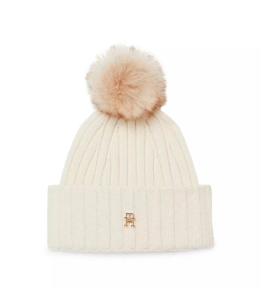 Mujer Tommy Hilfiger Gorras Y Gorros | Gorro Essential Chic Con Pompon Blanco Roto