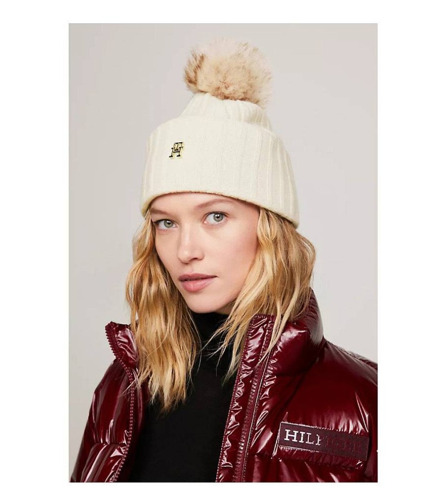 Mujer Tommy Hilfiger Gorras Y Gorros | Gorro Essential Chic Con Pompon Blanco Roto