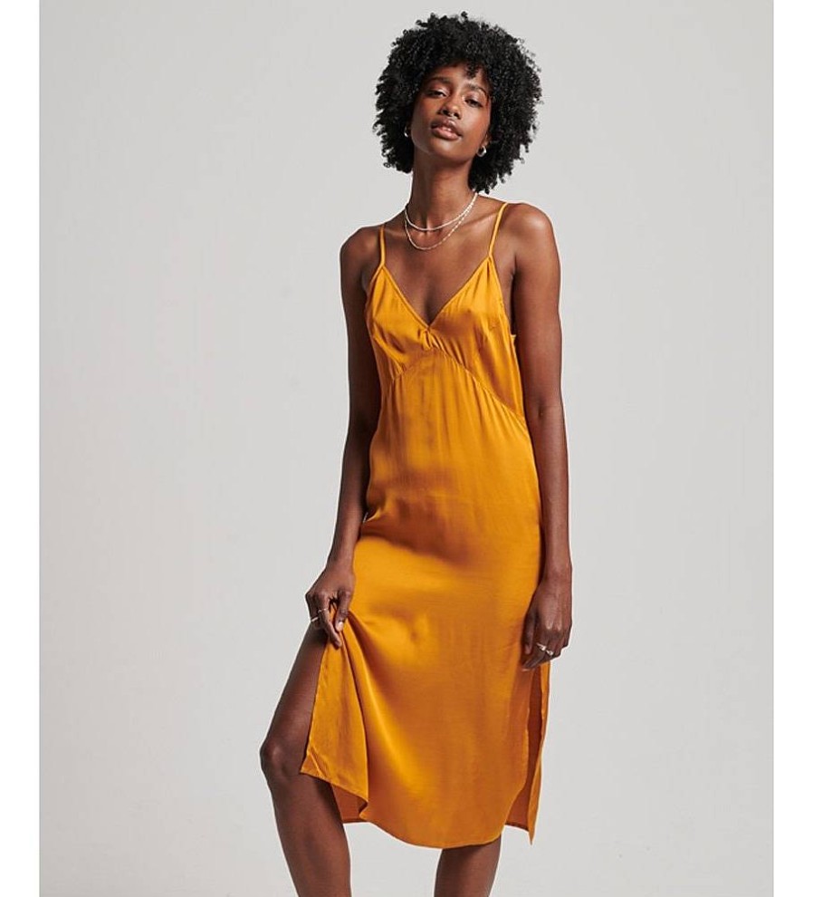 Mujer Superdry Vestidos | Vestido Midi De Saten Con Tirantes Amarillo