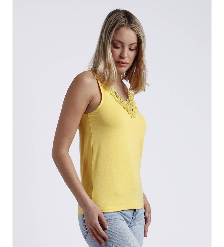 Mujer Admas Camisetas | Camiseta Sin Mangas Escote Guipur Amarillo