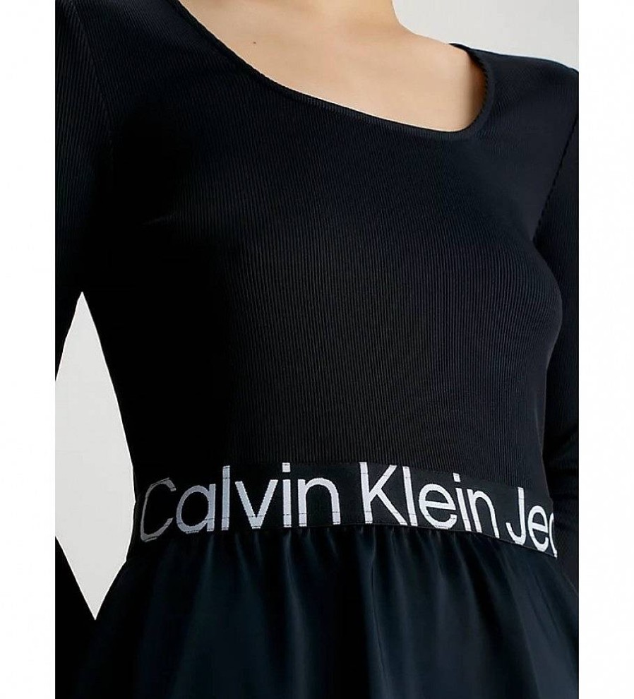 Mujer Calvin Klein Jeans Vestidos | Vestido Skater Con Logo Tape Negro