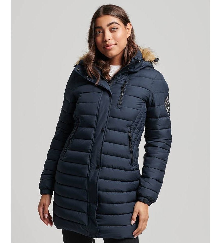 Mujer Superdry Chaquetas Y Abrigos | Abrigo Acolchado Con Capucha Fuji De Largo Medio Marino